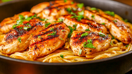 Succulent, perfectly grilled chicken pieces served over a bed of al dente spaghetti pasta, tossed in a rich, flavorful sauce for a delightful gourmet experience