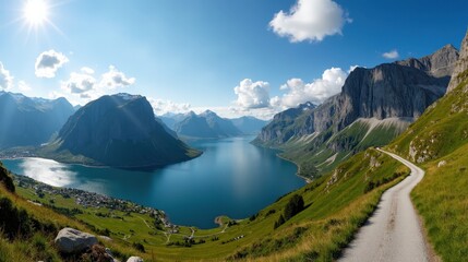 Obraz premium Scenic landscape of Norway, with sunny skies and expansive views, captured from a panoramic perspective during midday.