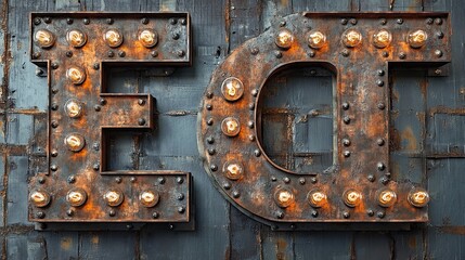 3D rendering of a retro rusty metal letter "E" adorned with light bulbs, evoking a vintage feel. 