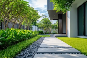 Clusia House Pathway: Modern Concrete Garden in a Luxurious Contemporary Scene