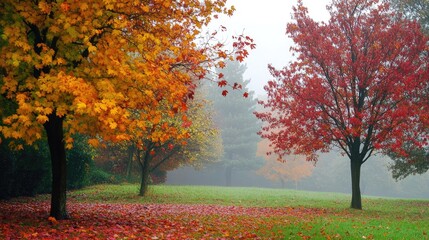 Naklejka premium Colorful Leaves and Trees in Autumn Season - Flora and Fog with Copy Space