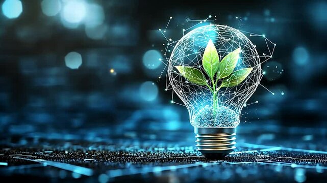 Green plant sprouting inside a glowing, wireframe lightbulb