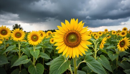 Fototapeta premium Vibrant sunflowers in stormy field, nature's resilience