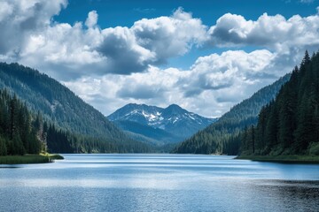 Fototapeta premium Colville National Forest. Sullivan Lake: Serene Mountain Landscape Reflection in Clear Blue Water