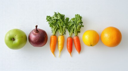 A simple, elegant arrangement of five fresh fruits and five fresh vegetables on a clean white background.