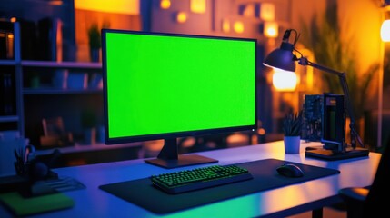 Naklejka premium Desktop Computer with Green Screen in Modern Office Setting