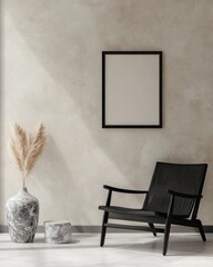 Minimalist interior with black chair, pampas grass, and frame.