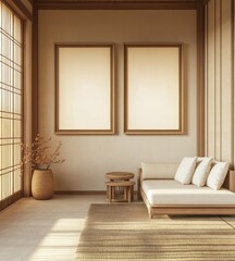 Minimalist Japanese-style room interior with beige sofa, wooden furniture, and two blank frames.