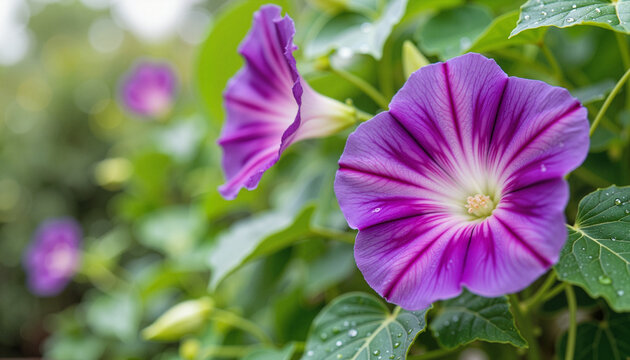Blooming morning glories on trellis after rain, nature's resilience
