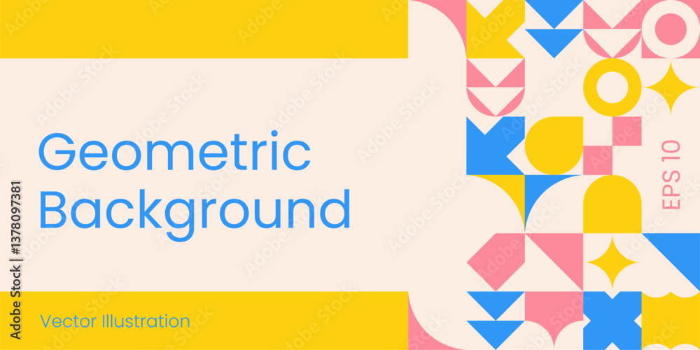 Poster Geometric Abstract Background of simple Colorful Geometric Shapes with Copy Space in Swiss style for Banner, Flyer, Cards, Presentation, Website Design, Landing. Vector template.