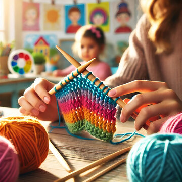 Nahaufnahme beim Stricken mit buntem Garn in Regenbogenfarben. Kind im Hintergrund, kreative Atmosph&auml;re. Farben: Pink, Blau, Orange, Gr&uuml;n. Textfl&auml;che links oben oder im Unsch&auml;rfebereich hinten.