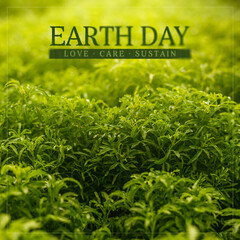 Earth Day poster featuring lush green foliage in soft sunlight, symbolizing nature, sustainability, and environmental awareness. Perfect for eco-friendly campaigns, conservation themes.