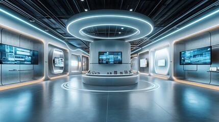 Obraz premium 360Â° Panorama of Futuristic Technology Design Studio with Product Showcase Podium â€“ 3D Render, HDR, VR Style 