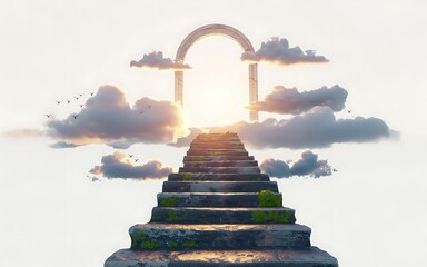 Stairway to heaven clouds sky gate birds sunlight ethereal dreamlike fantasy spiritual journey hope path