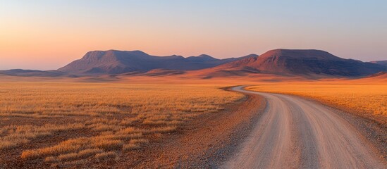Desert road winding through plains at sunset