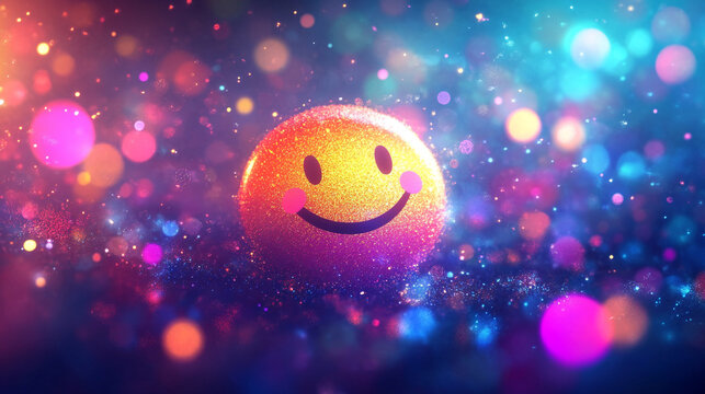 Sparkling Glitter Smiley Face Emoji, Colorful Bokeh Background, Happy Design
