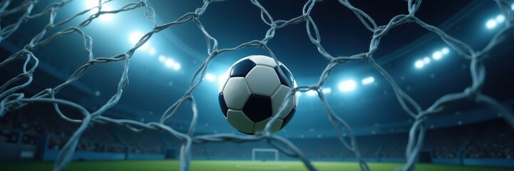 Naklejka premium Goal Moment: Soccer Ball in Net at Night