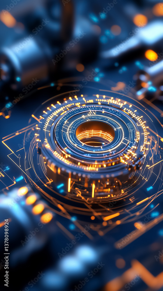 Poster futuristic circular interface illuminated with orange lights showcases intricate circuit designs and
