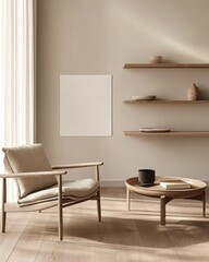 Minimalist living room with armchair, coffee table, shelves, and artwork.