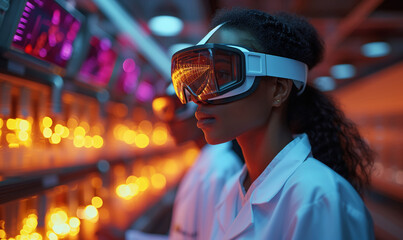 Female engineer in futuristic VR glasses, automation control in modern factory laboratory, technology, including interactive screens and digital workstations. Concept industrial revolution.