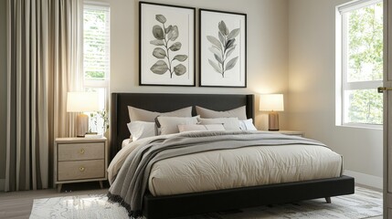 A sleek bedroom featuring a single, wide, black frame with an elegant botanical print above the bed, framed by soft, neutral decor.