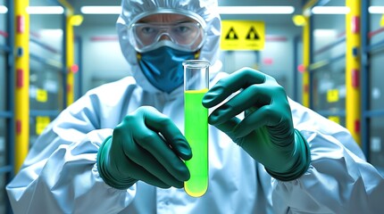 Scientist in Hazmat Suit Holding Virus Sample in High-Security Biosafety Lab