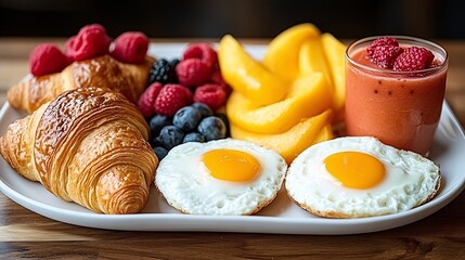 Obraz premium Delicious Breakfast Croissants, Eggs, Fruit, Smoothie of excellence in splendor beyond compare