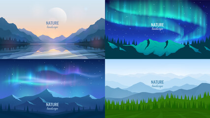 Set of night landscapes. Northern lights, view of mountains and lake, foggy landscape with mountain ranges. Background design, travel banners, business cards, postcards.