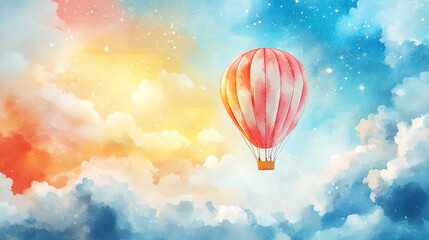 Obraz premium Cute kids watercolor air balloon illustration with color