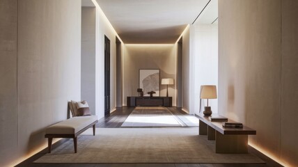 Neutral tones and lighting create a calming atmosphere in this indoor hallway, perfect for relaxation and contemplation. #InteriorDesign