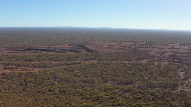 Aerial View of the Bush with Mining Hills, Remains of an iron ore mine in the outback, Western Australia, Australia