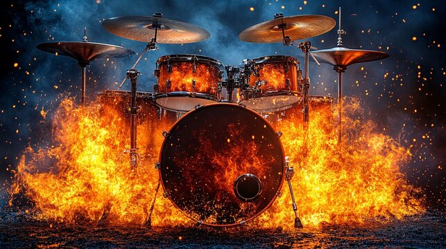 Flaming Drum Kit Rock Concert Inferno of excellence in splendor beyond compare with grace in style