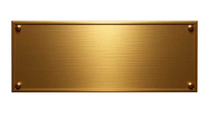 Golden Blank Metal Nameplate or Plaque Cut Out Isolated on Transparent PNG Background.