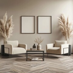 Minimalist living room with beige armchairs, coffee table, pampas grass, and framed prints.