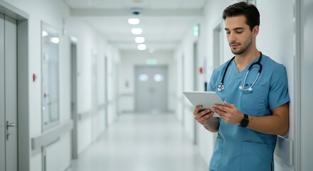 Young caucasian male doctor in blue scrubs checking medical records on tablet in clean hospital corridor. Healthcare professional using digital technology for patient care management.