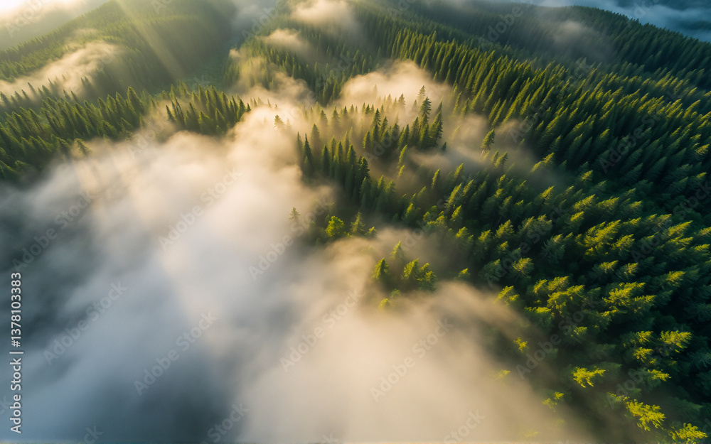 Poster aerial view of a dense green forest immersed in a soft, white fog under bright sunlight. sun rays pi