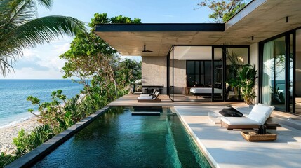 Fototapeta premium A sleek, modern beachfront bungalow with minimalist design, a private plunge pool, and just a few steps to the water's edge.