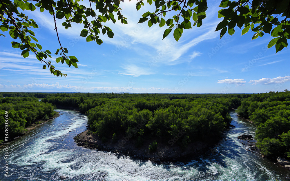 Poster a river splits into two branches amidst a dense green forest under a bright blue sky with scattered 