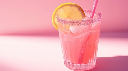 A vibrant pink lemonade with edible glitter in a clear glass on a pastel pink background pic