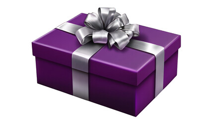 A royal purple gift box with a metallic silver ribbon, creating a rich and luxurious look on a transparent background 