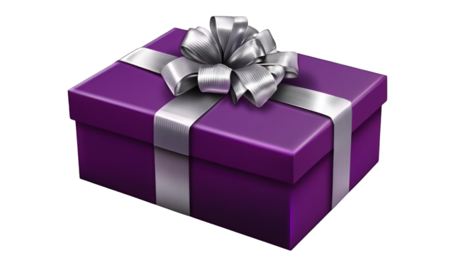 A royal purple gift box with a metallic silver ribbon, creating a rich and luxurious look on a transparent background