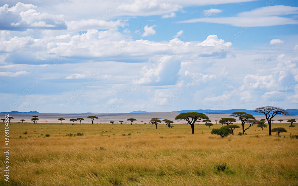 Aufkleber a vast savanna landscape unfolds under a blue sky with scattered white clouds. sparse trees dot the 