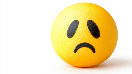 Fototapeta premium Sad yellow fuzzy ball with frown face on white background.