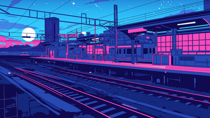 幻想的な夜の都市と鉄道風景｜レトロなアニメ背景風の高精細イラスト素材｜月夜の下に広がる線路と都市ビル群が描く切ない風景｜ブルーとネオンが印象的な夜景アート
