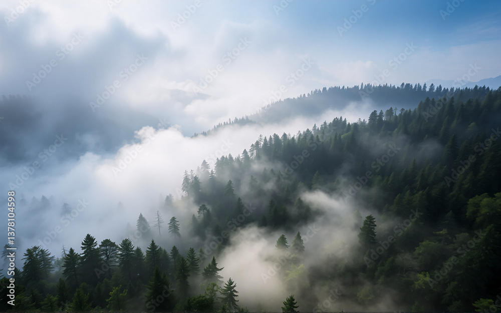Aufkleber Misty forest landscape with fog rolling over evergreen trees. Sunlight breaks through clouds creating a serene and atmospheric scenery.