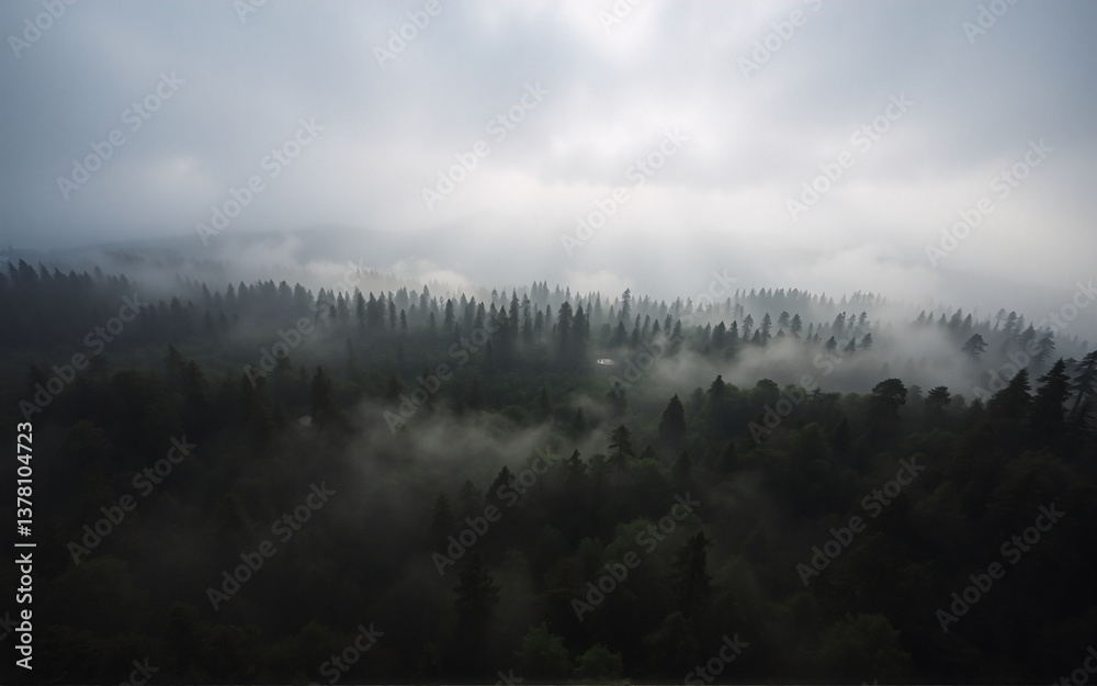 Poster A misty aerial view captures a dense forest shrouded in fog under a cloudy sky. Tall trees pierce through the low-lying clouds, creating a serene and atmospheric landscape.