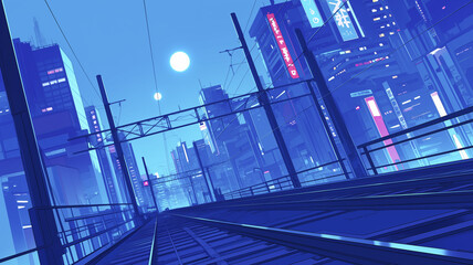 昭和レトロな雰囲気漂う夜の鉄道風景イラスト｜月明かりと高架線が美しく交差する都市夜景｜1980年代風アニメスタイルの高解像度背景素材｜鉄道・夜景・レトロ・未来感の融合