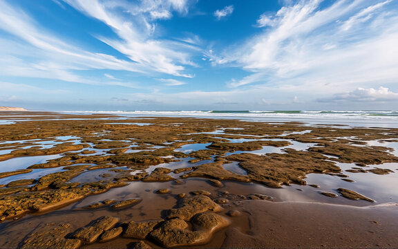 A rocky beach shore meets the ocean under a bright blue sky with wispy white clouds. The tide is low, revealing textured rock formations and pools of water reflecting the sky. - Powered by Adobe