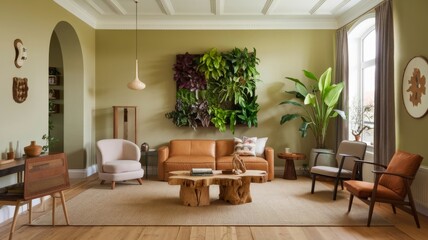 Fototapeta premium Cozy living room with a living wall, natural wood furniture, and stylish chairs set on a neutral rug and warm green backdrop.