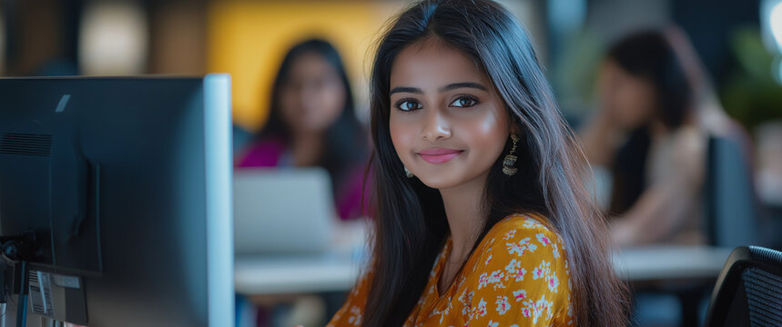 Young Indian woman coding in Python at her desk in a busy workspace, showcasing focus, productivity, and modern technology in a dynamic work environment